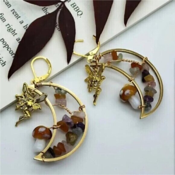 Crescent Moon Gold Mushroom  Colorful Stone Fairycore Earrings - Picture 2 of 6